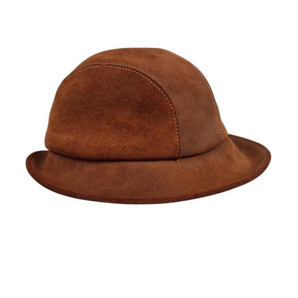 Vintage 70s Brown Suede Leather Cloche Bucket Hat - Picture 1 of 7